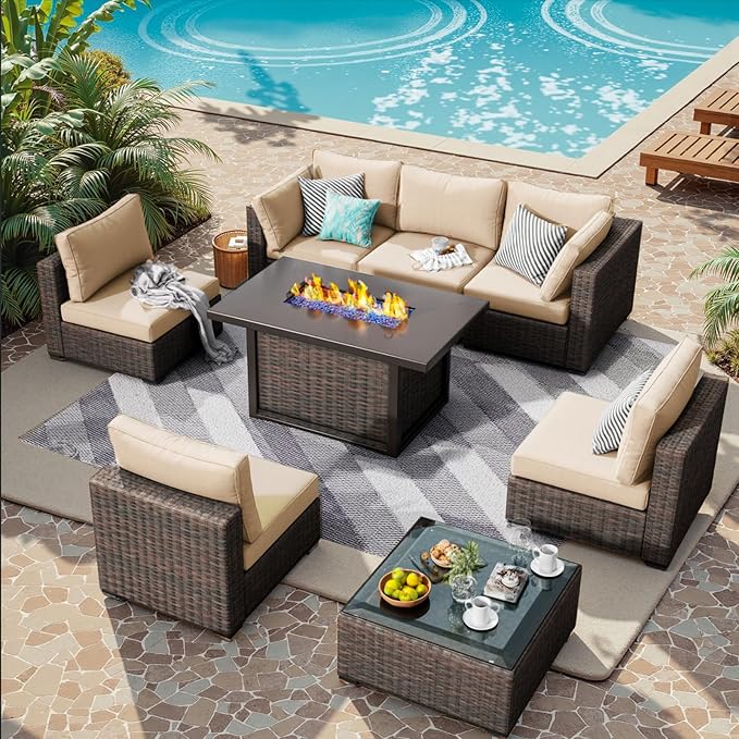 8 Piece Patio Furniture Set with Fire Pit Table All Weather PE Rattan Outdoor Sectional Sofa Couch with No-Slip Cushions and Glass Top Table for Garden, Poolside, Backyard (Beige)
