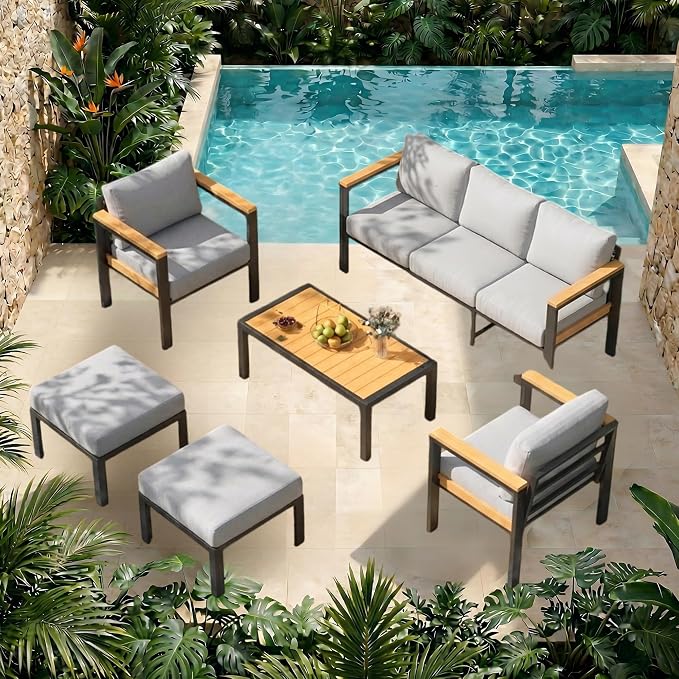 HOMREST Aluminum Outdoor Furniture Set, 6 PCS Metal Oversized Patio Furniture Set with Washable Cushions, 7 Seat Patio Conversation Set with Special Anti-Heat Armrest and Coffee Table, Gray