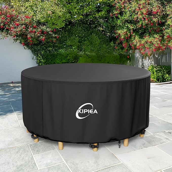 Kipiea Round Patio Table Cover Waterproof, Heavy-Duty Round Patio Furniture Covers, No Tears Anti UV No Fading (110" Dia x 28" H)