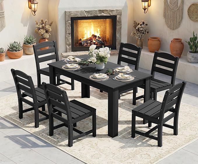 SERWALL Outdoor Dining Sets for 10, HDPE Dining Sets for 10 Person with 2 Rectangular Tables and 8 Armless Chairs and 2 Armchairs, Patio Dining Sets for Garden, Backyard, Poolside, Black