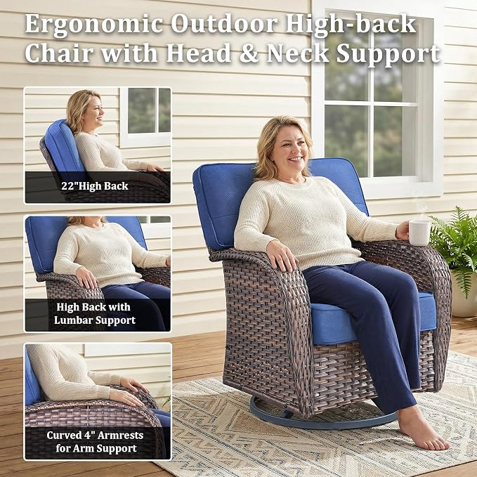 2-Piece Wicker Patio Furniture Set with 5-Inch Thick Cushions Weather Resistant Rattan High Back Swivel Rocker Chairs Senior Friendly Conversation Set for Small Porch Deck Sunroom Brown/Blue