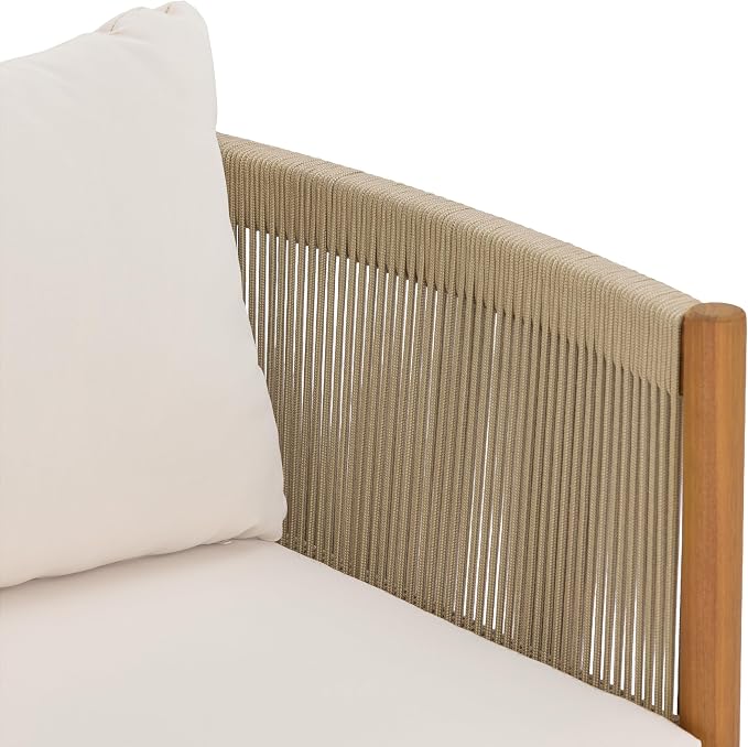 Merax Outdoor Club Chair with Acacia Wood Frame in Teak Look, Beige Rope Panels & Cream Water-Repellent Cushions for Patio & Garden