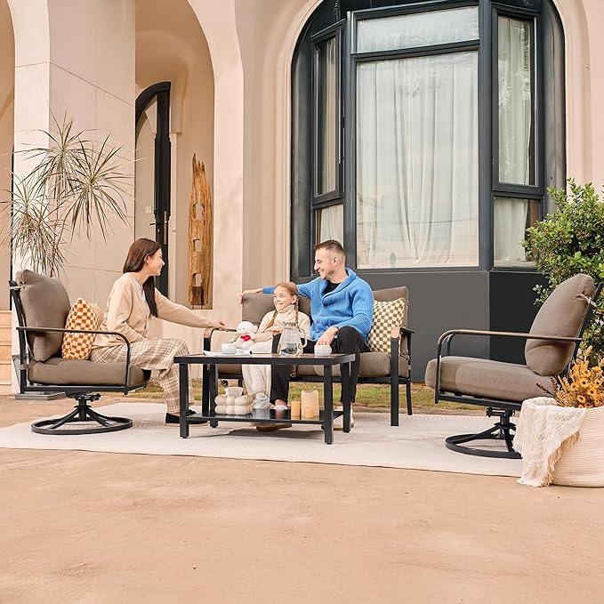 NATURAL EXPRESSIONS Patio Furniture Sets,4 Pieces Metal Outdoor Conversation Sofa Set with High Back Swivel Rocking Chairs with Anti-Scald Armrest,Double-Deck Wooden-Grain Table,6" Cushions for Yard
