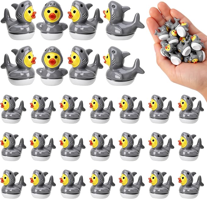 30 Pcs Shark Ducks, Mini Shark Resin Ducks Bulk | Fun Printed Toy Figures for Birthday Party Favors, Themed Decor, Kids Gift Collection (Ferocious Shark)