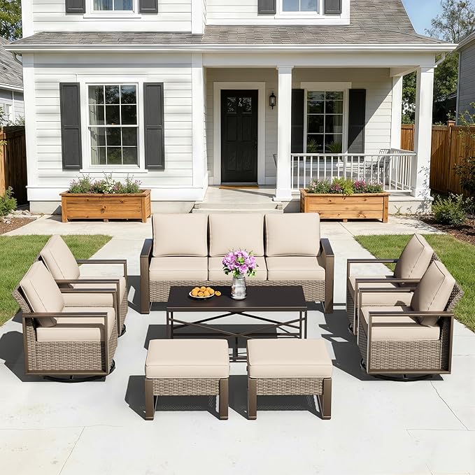 8 Pieces Metal Wicker Patio Furniture Set - 75" Sofa, Four Swivel Chairs and Two Ottomans, One Coffee Table All Weather Rattan Outdoor Conversation Furniture with Washable Cushion for Deck, Beige