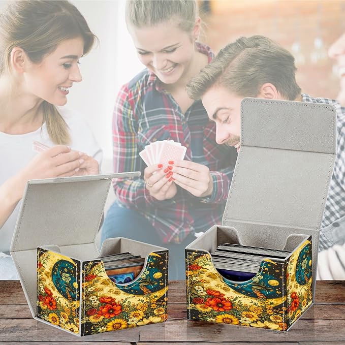 Card Deck Box for MTG, Cards Storage Box Fits 120+ Sleeved, Leather Small Size Strong Magnetic Closing Card Case for Board Games Magic TCG CCG Baseball Collection, Flower Big Moon