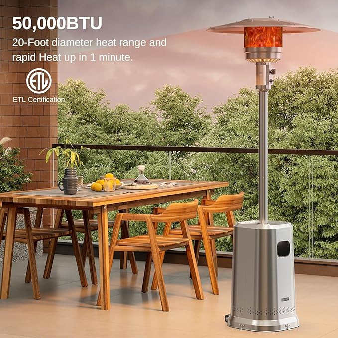 EAST OAK Anti-rust 50,000 BTU Patio Heater for Outdoor Use With Double-Layer Stainless Steel Burner, Table Design and Wheels, Propane Patio Heater for Home and Commercial, Stainless Steel