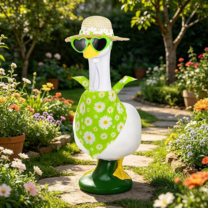 Summer Spring Porch Goose Outfit, Daisy Flower Goose Outfit Clothes for 17/23" Lawn Geese Statue for Garden Yard Decor (Yellow) (Green)