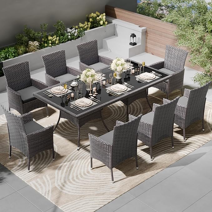 Kullavik 10 Pieces Outdoor Dining Set Patio Rattan Furniture Set,Patio Dining Table and Chairs Set with 8 Chairs and Cushions,Square Glass Tabletop with Umbrella Hole for Patio,Backyard,Grey