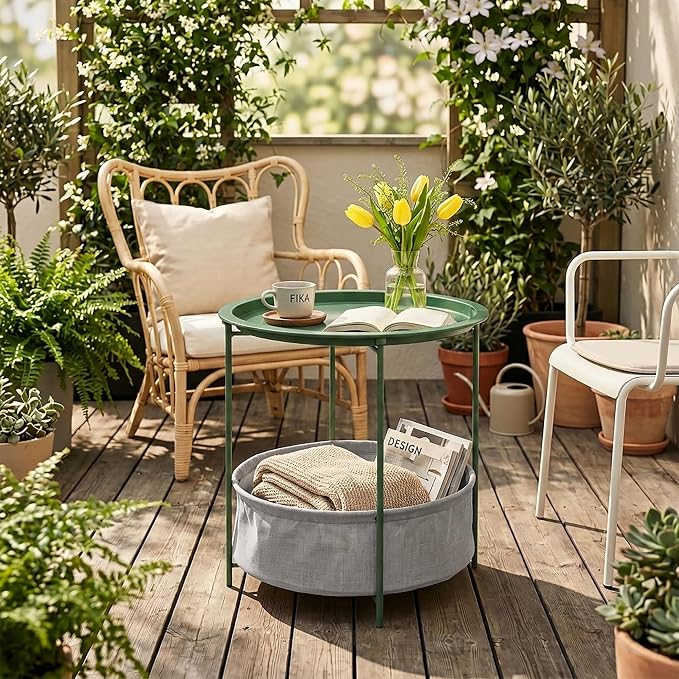 VECELO Round Side/End Table with Fabric Storage Basket,Metal Anti-Rust and Waterproof Small Bedside Nightstand with Removable Tray Top for Living Room,Balcony & Laundry,Dark Green /1pcs with Basket