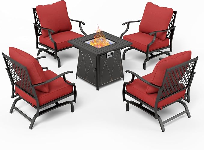 MIXPATIO Patio Furniture Set with Fire Pit Table, 5 Pcs Metal Outdoor Conversation Set, 4 Rocking Chairs with 5.75" Extra Thick Cushion and 28" Fire Pit Table for Backyard Deck, Red