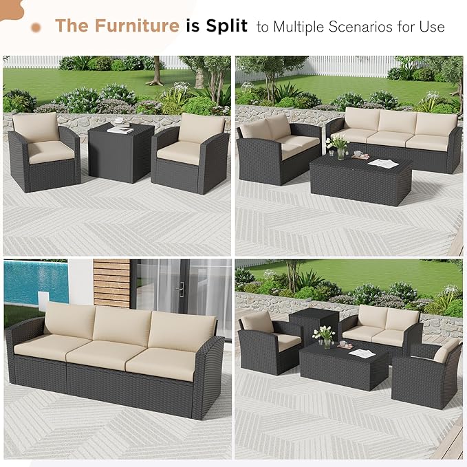 AECOJOY 7 Pieces Patio Furniture with Two Storage Boxes, Outdoor Rattan Conversation Set,All-Weather PE Wicker Sectional Sofa for Garden, Backyard, Deck, Black & Beige