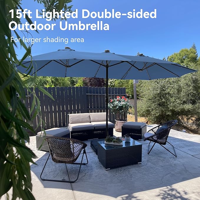 PHI VILLA 15ft Large Patio Umbrella with Solar Lights, Double-Sided Outdoor Market Rectangle Umbrellas with 36 LED Lights, Umbrella Base (Stand) Included, Haze Blue