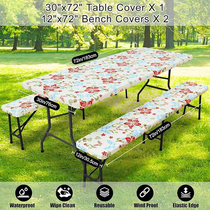 Smiry Picnic Table Cover with Bench Covers, Waterproof Elastic Fitted Tablecloth for 6 Foot Tables, Washable Polyester Tablecloths for Camping, Indoor & Outdoor (Butterfly, 30x72 Inch 3-pc Set)