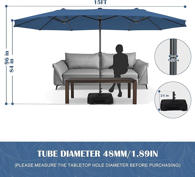 Sundale Outdoor Olefin 5-Year-Non-Fading 15 ft Patio Umbrella with Sand Bag Base and Cover, Large Outdoor Double-Sided Umbrella