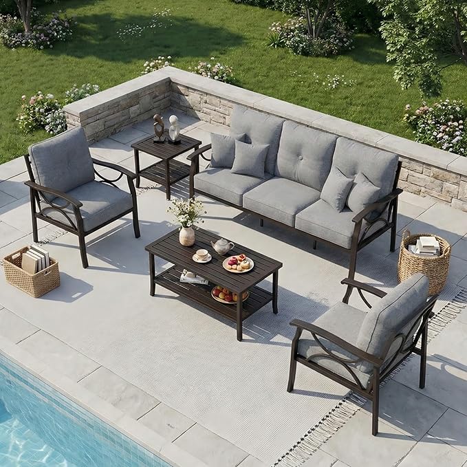 RoyalCraft 5-Pieces Outdoor Patio Furniture Set, Outdoor Metal Sectional Furniture with Cushions, Outdoor Conversation Seating Set with Coffee Table for Balcony, Backyard, Garden, Deck, Grey
