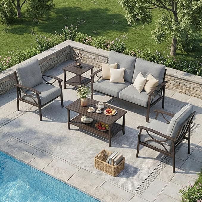 RoyalCraft 4-Pieces Outdoor Patio Furniture Set, Outdoor Metal Sectional Furniture with Cushions, Outdoor Conversation Seating Set with Coffee Table for Balcony, Backyard, Garden, Deck, Grey