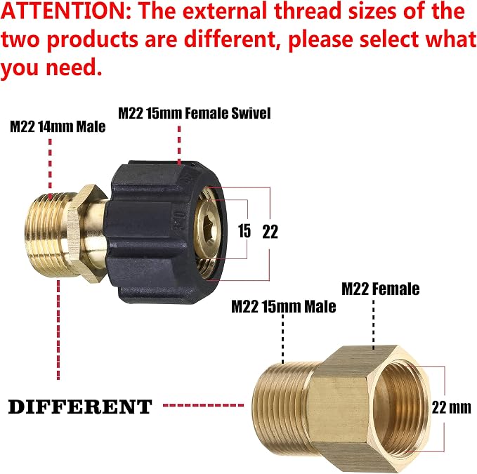 M MINGLE Pressure Washer Adapter, Metric M22 15mm Female Thread to M22 14mm Male Fitting, 4500 PSI