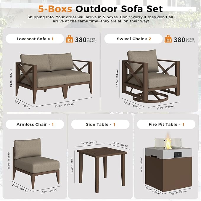 Aluminum Patio Furniture Set with Fire Pit Table,5-Seats Patio Sectional Conversation Sofa with 5.2" All-Weather Cushions and 2 Swivel Rocking Chairs,Outdoor Furniture Set(Brown)