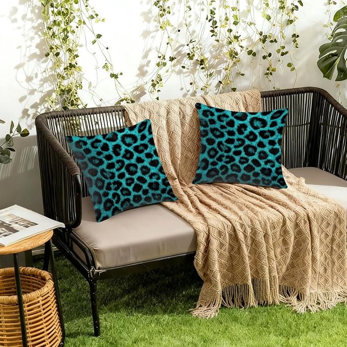 18x18 Inch Outdoor Pillow Covers Set of 2 Waterproof Throw Pillow Covers Decorative Couch Cushion Covers Leopard Skin Turquoise Square Pillowcases Protectors for Patio Garden Sofa