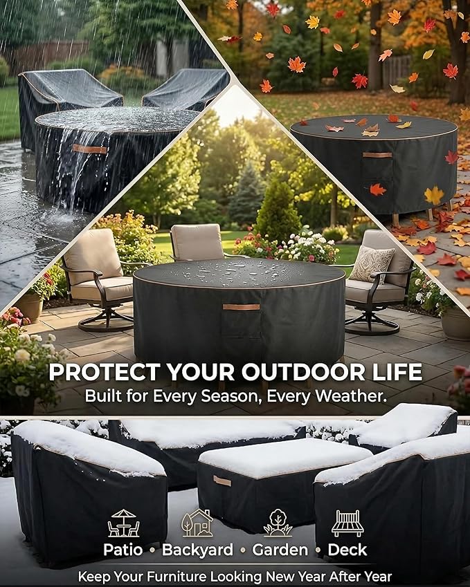 Round Outdoor Patio Furniture Cover, Heavy Duty 600D Waterproof Cover for Table & Chair Set or Sofa Set Covers, Windproof,UV Resistant, All-Season for Backyard,Deck,Garden,62" L x 62" W x 28" H,Black