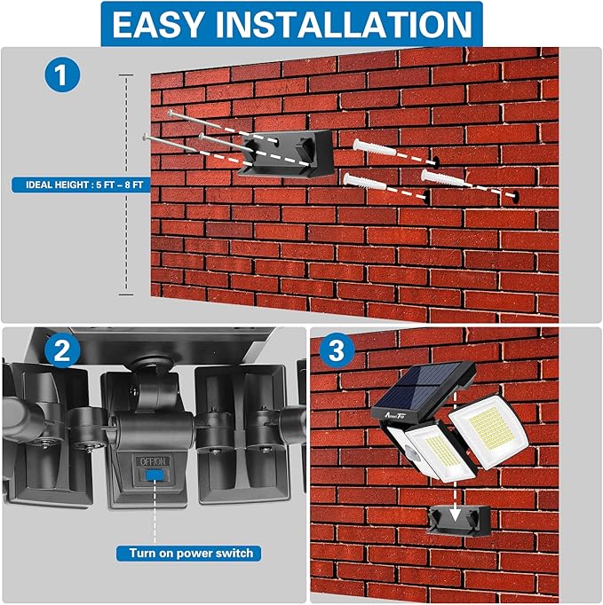 AmeriTop Solar Lights Outdoor 300 LED 6500K Motion Sensor Lights Cordless; 5 Adjustable Heads, 360° Wide Angle Illumination, IP65 Waterproof, Security Flood Light for Patio Yard Garden 2 Pack