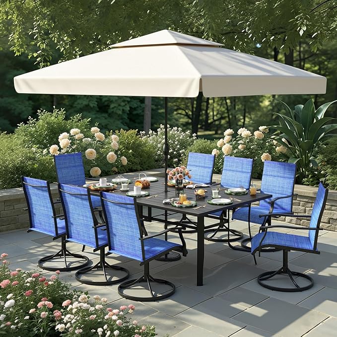9 Pieces Patio Table and Chairs Set, 75.6" Metal Dining Table with Umbrella Hole, 8 High Back Textilene Swivel Chairs,Dining Table Set for 8, Outdoor Furniture for Porch Deck Yard Balcony, Blue