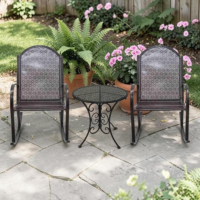 Zaer Ltd. Set of 3, Tsugo Collection, 2 Outdoor Metal Rocking Armchairs with a Round Side Table, Bronze Distressed Finish (Set of 3 (2 Chairs & 1 Table))