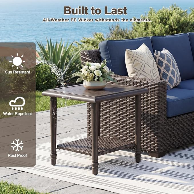 2PCS Wicker Outdoor Side Table, Heavy Duty Iron Patio Table for Porch Balcony Deck Garden Poolside