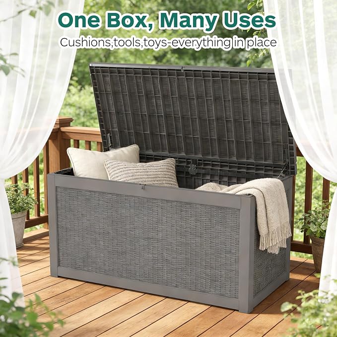 260 Gallon Outdoor Deck Boxes, IP68 Waterproof Outdoor Storage Box with Hydraulic Lid Support, Outside Resin Container for Furniture, Toy, Shoe, Garden & Patio Tools Storage -Brown