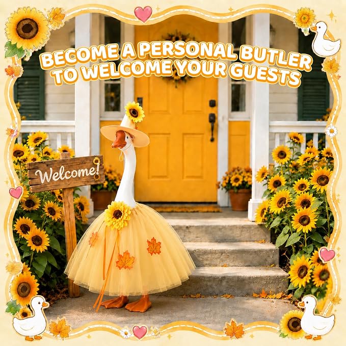 Fall Porch Goose Outfits for 23" Statues, Geese Clothes with Daisy Hat | Exquisite porch goose dress with realistic maple leaves and an elegant skirt for charming fall porch and garden décor