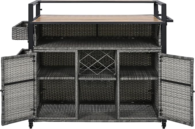 Outdoor Bar Table on Wheels with Extended Table Top and Storage Cabinet 