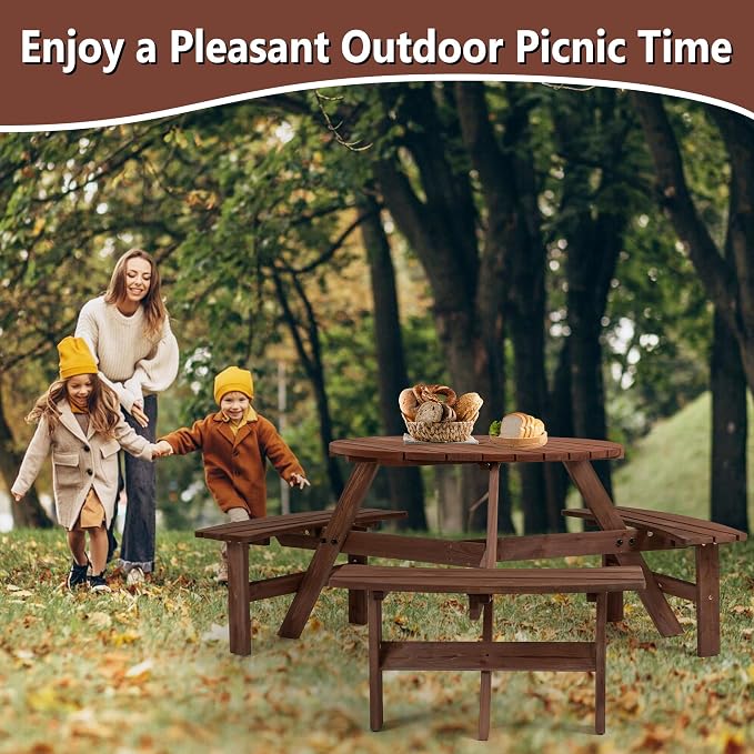 6 Person Outdoor Picnic Table, Wooden Picnic Tables with 3 Built-in Benches Table and Chairs Set with Umbrella Hole Outside Table and Bench Round Picnic Table Patio Tables for Garden, Backyard, Porch