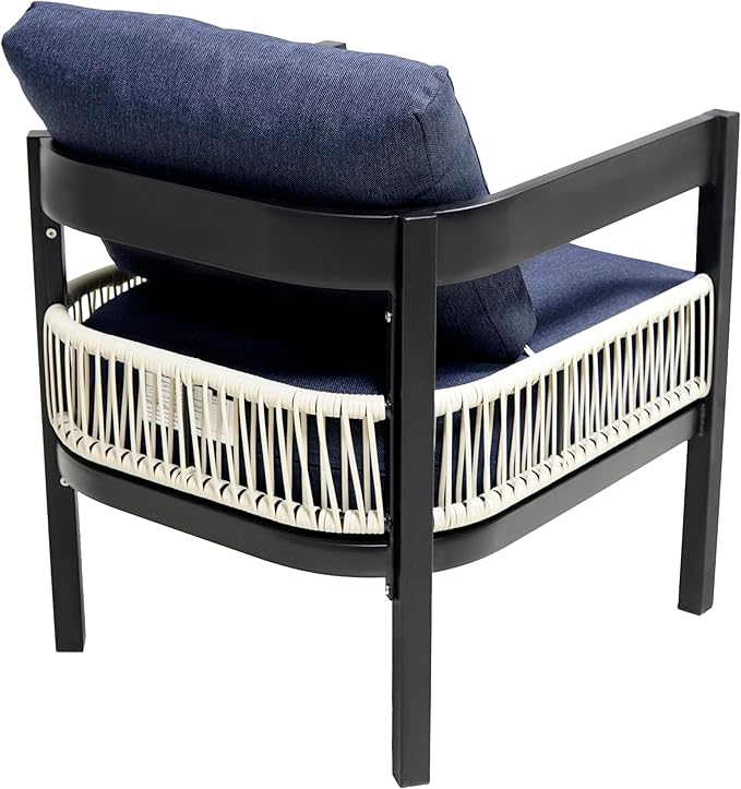 4 Piece Outdoor Iron Sofa Set with A Table, PE Rattan Patio Furniture Sets with Double and 2 Single Seats, Multi-Person Conversation Set for Garden, Lawn Use (Dark Blue/92)