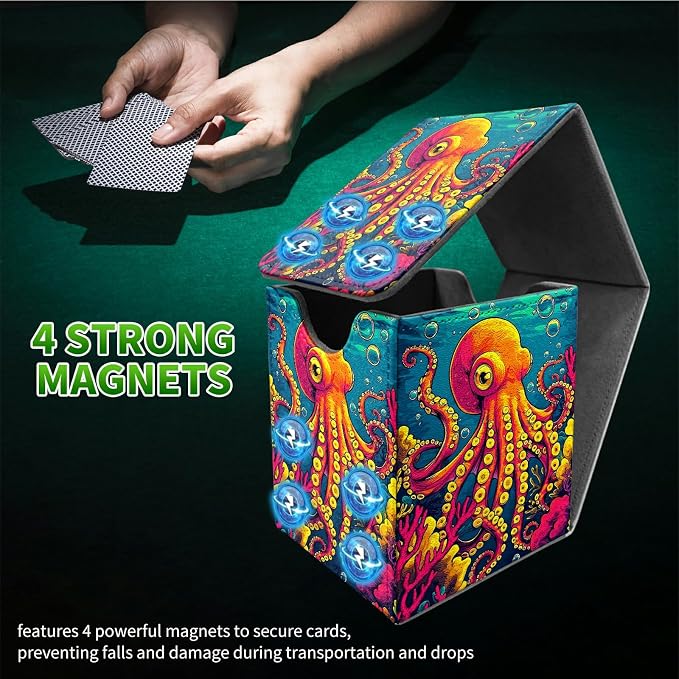Octopus Ocean Bottom Card Deck Box for MTG, Personalized Card Storage Case Fits 120+ Sleeved Cards, Premium Leather TCG Box with Strong Magnetic Closure for Magic, CCG, PTCG, Baseball Cards