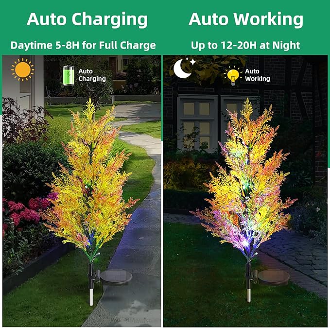 Solar Garden Lights Outdoor, 2 Pack Solar Flower Lights with Realistic 36 Lush Cypress Leaves, 12H Auto On/Off, Multi-Color Changing Light Waterproof for Garden Yard Decoration