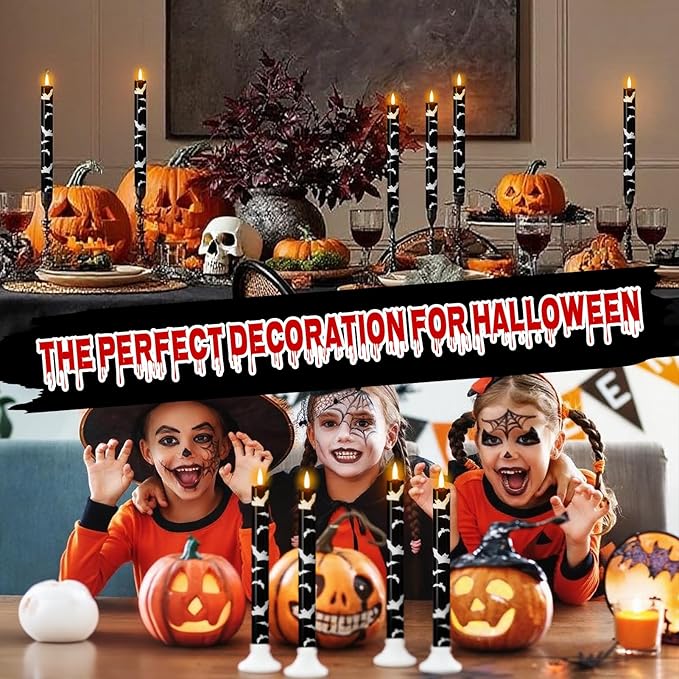 Eldnacele Flameless Flickering Taper Candles with Remote and Timer, Battery Operated Bats Decal Real Wax Black LED Window Candles Set of 4 Fireplace Spooky Halloween Holiday Decor