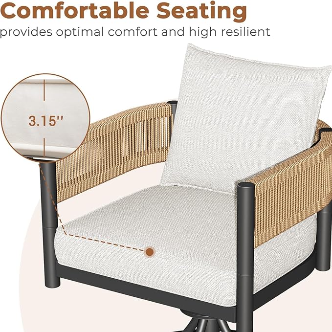 Grand patio 5 PCS Outdoor Dining Set, Metal Woven Wicker Swivel Patio Chairs with Thickened Cushions & 1 Square Woodgrain Dining Table with Umbrella Hole for Backyard Deck (Natural)