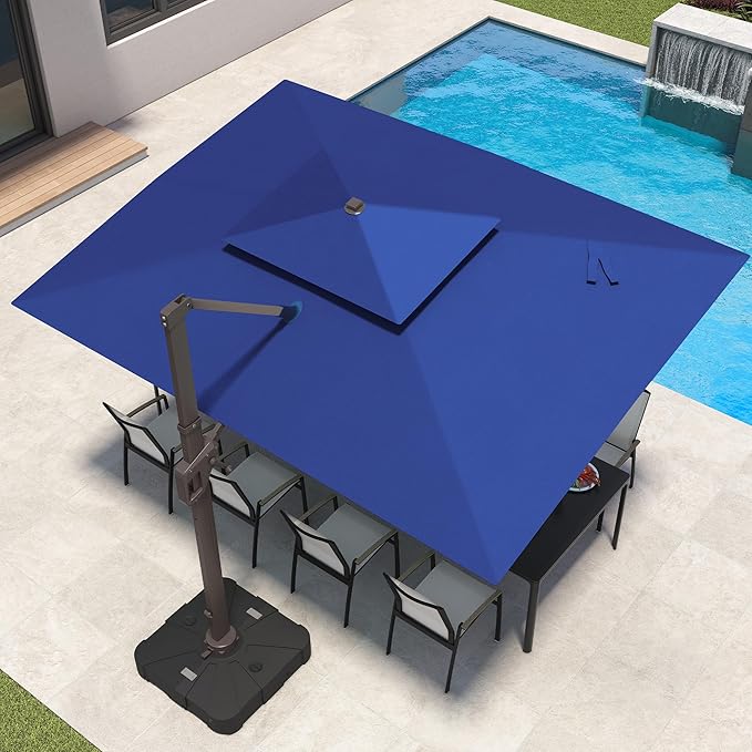 9x12 FT Patio Umbrella with LED Lights Cantilever Outdoor Large Heavy Duty Rectangle Aluminum Offset Umbrellas Double Top 360 Rotation 7 Tilt Adjustment for Pool Deck Garden, Navy