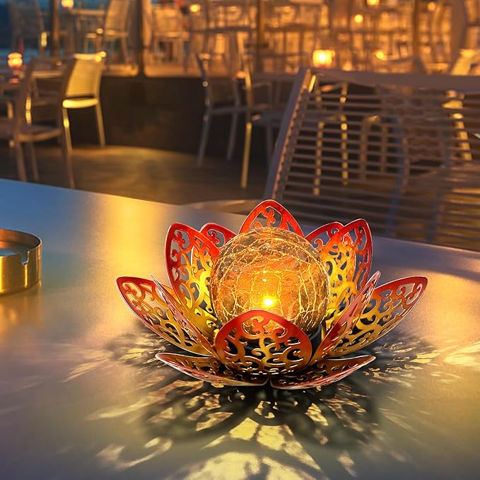 2 Pack Solar Lights Outdoor Garden 6.3 " Glass Lotus Lamp Waterproof LED Metal Flower Lights Outdoor Garden Table Decor for Outside Balcony, Patio, Deck, Porch, Walkway