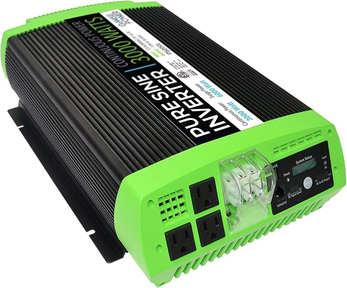 GoWISE Power 3000W Continuous 6000W Surge Peak Power Pure Sine Wave Inverter w/Digital LCD Display, Black/Green (PS2001)