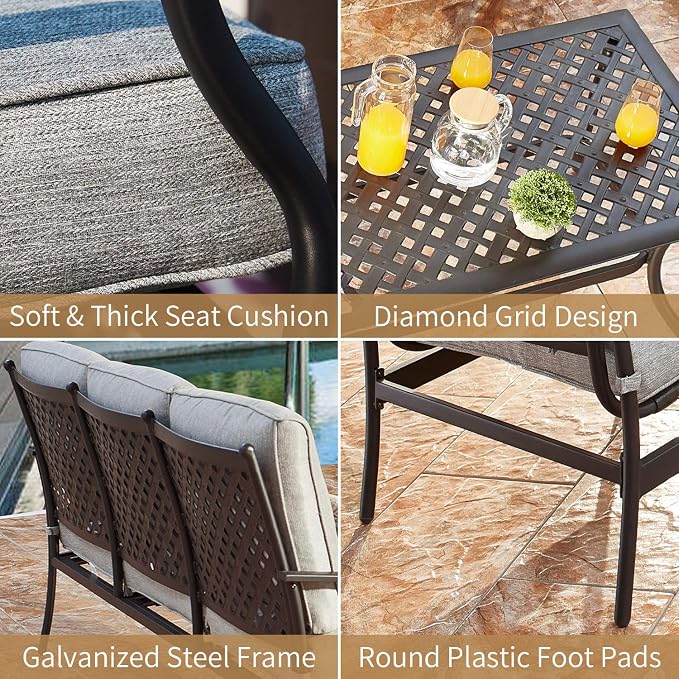 Patio Conversation Set 6 Pieces Metal Outdoor Furniture Seating Sets with Grey Thick Cushions