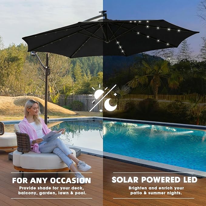 wikiwiki 10ft Solar LED Offset Patio Umbrella, Outdoor Cantilever Patio Umbrellas with Solor Lights for Backyard, Poolside and Garden, Easy Tilt Adjustment, 32 LED Lights & Polyester Shade, Black