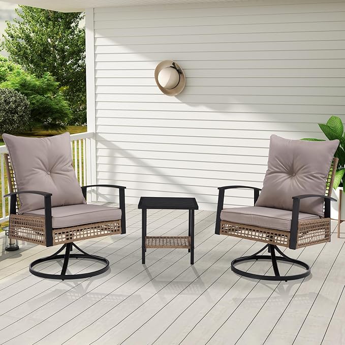 3 Pieces Patio Bistro Set, Outdoor Wicker Swivel Rocking Chairs with High Back, Rocking Patio Conversation Set with Table, Patio Swivel Glider Chair, Patio Furniture Sets, Off-White
