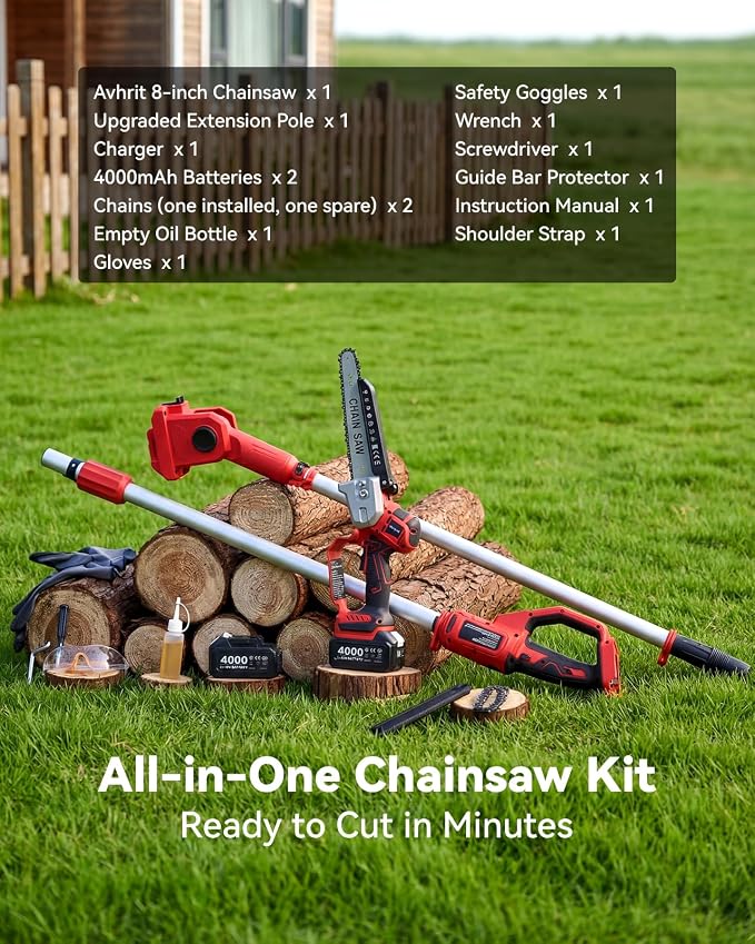 2-in-1 Cordless Pole Saw & Mini Chainsaw, 8-inch Brushless Chainsaw with 2*4000mAh Batteries and a Telescopic Pole Extendable to 15ft, Power Electric Polesaw for Tree Cutting & Branch Trimming