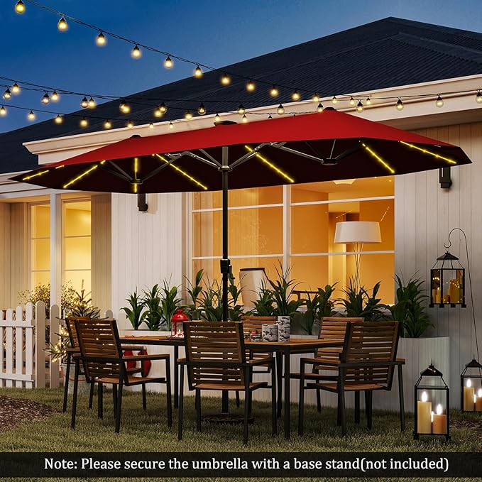 HAPPYGRILL 13 FT Double-sided Patio Umbrella with Solar Lights, Crank Handle & 12 Heavy-Duty Ribs, Outdoor Twin Size Oversized Rectangle Market Umbrella for Garden Deck Poolside