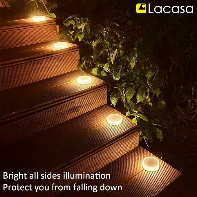 Lacasa 4-Pack Solar Deck Lights Outdoor Waterproof LED, Garden Step Lights Solar Powered Driveway Dock Lights Marine, Dusk to Dawn Lighting for Yard Patio Pathway, Round, Warm White