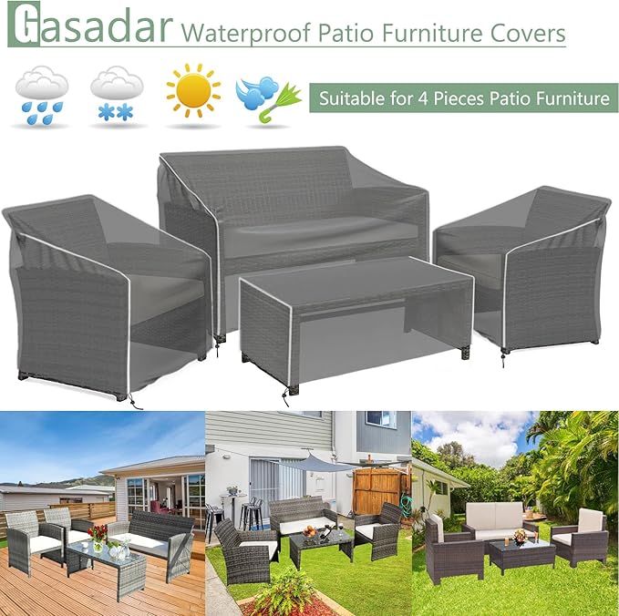 Gasadar Patio Furniture Cover 4-Piece Set, Heavy Dut 600D Outdoor Furniture Cover Waterproof for Lawn Patio Chairs, Loveseat and Coffe table, Grey