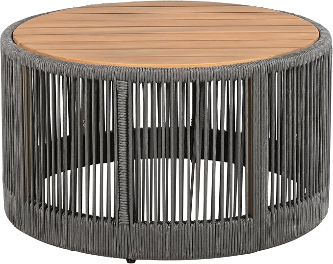 Outdoor Rattan Coffee Table with Solid Acacia Wood Tabletop, Patio Round Coffee Table Side Table (Grey)