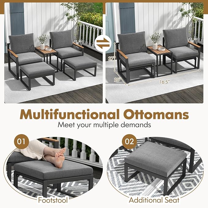 Tangkula 5 Pieces Patio Furniture Set, Aluminum Frame Weatherproof Outdoor Conversation Set with Soft Cushions, Space Saving Design, for Backyard, Poolside, Porch, Balcony